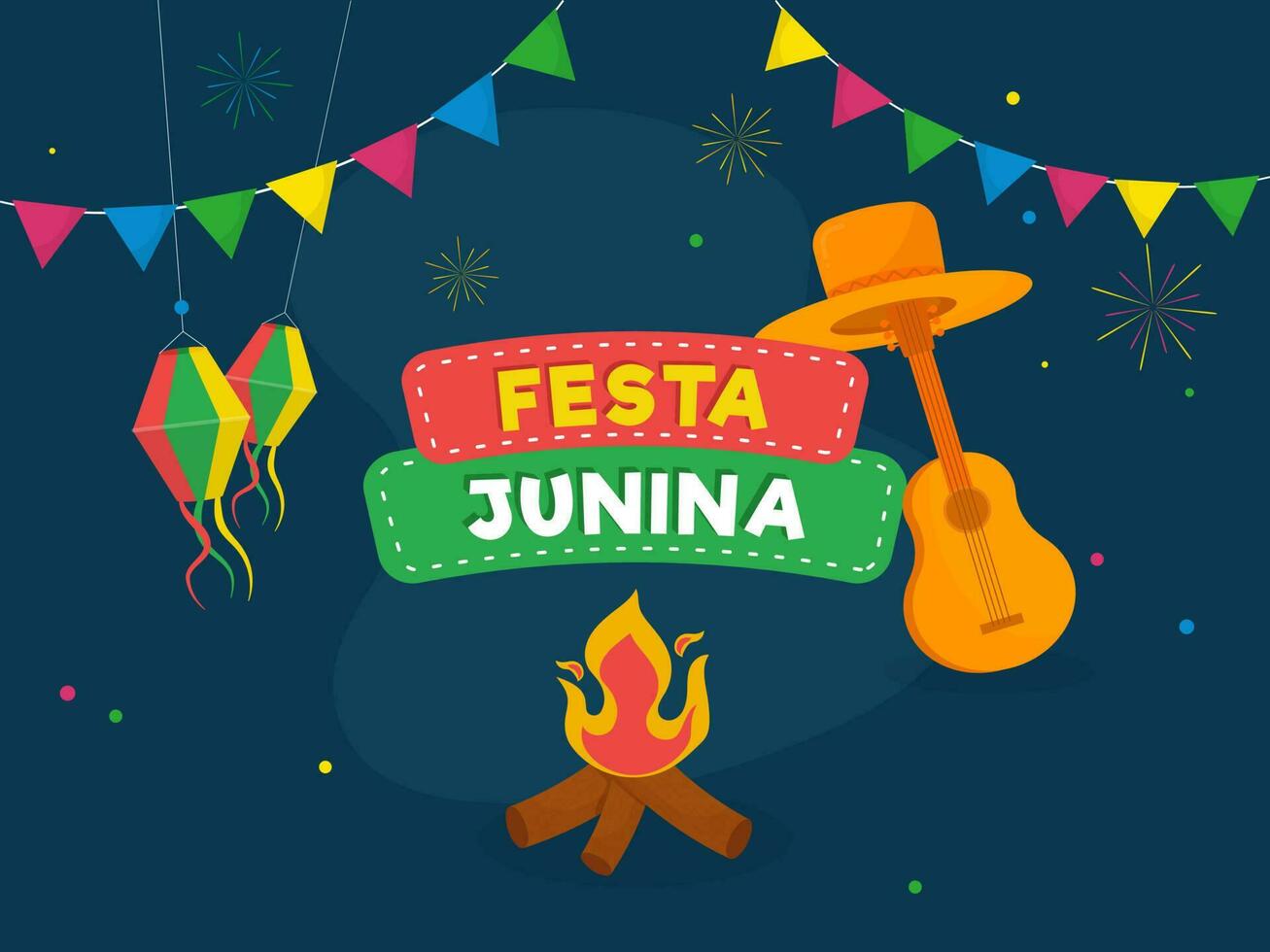 festa Junina concept met vreugdevuur, oranje hoed, gitaar instrument, lantaarns hangen en vlaggedoek vlaggen Aan blauw achtergrond. vector