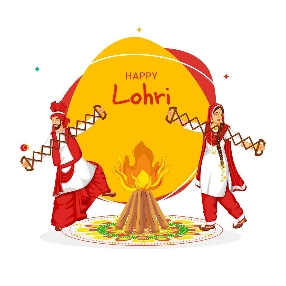 gelukkig lohri viering concept met Punjabi paar spelen sap instrumenten en vreugdevuur over- rangoli Aan wit achtergrond. vector