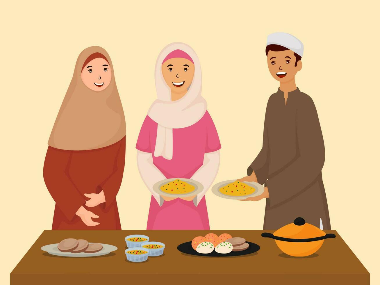 moslim jong jongen en meisje genieten van iftar of suhoor maaltijd Aan pastel perzik achtergrond. vector