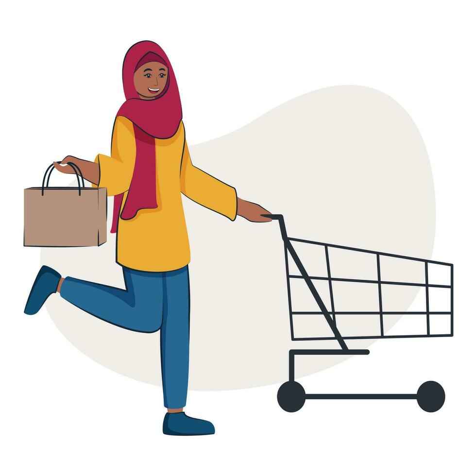 moslim jong vrouw Holding dragen zak en boodschappen doen kar Aan wit achtergrond. vector