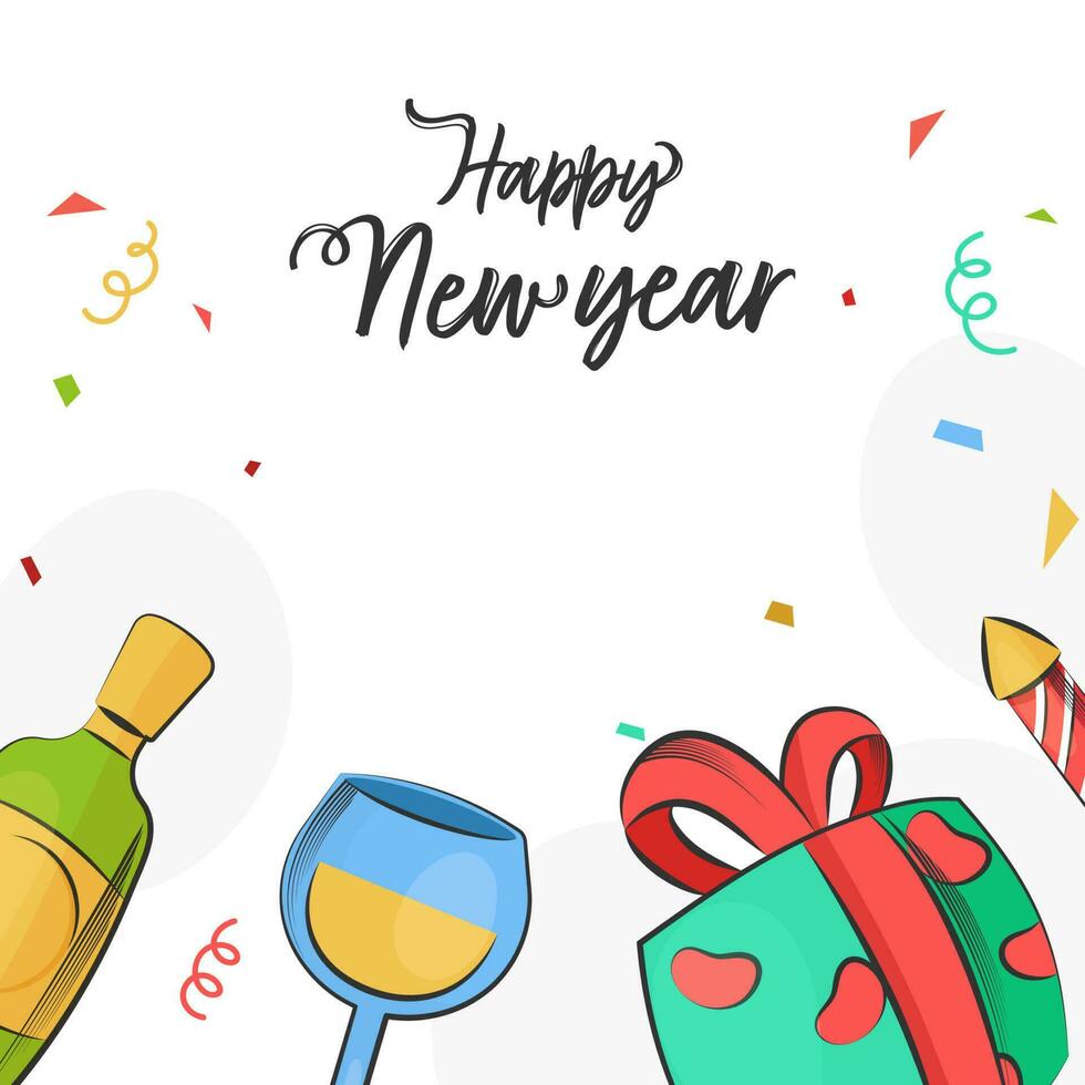 gelukkig nieuw jaar doopvont met confetti linten, Champagne fles, drinken glas, geschenk doos en vuurwerk raket Aan wit achtergrond. vector