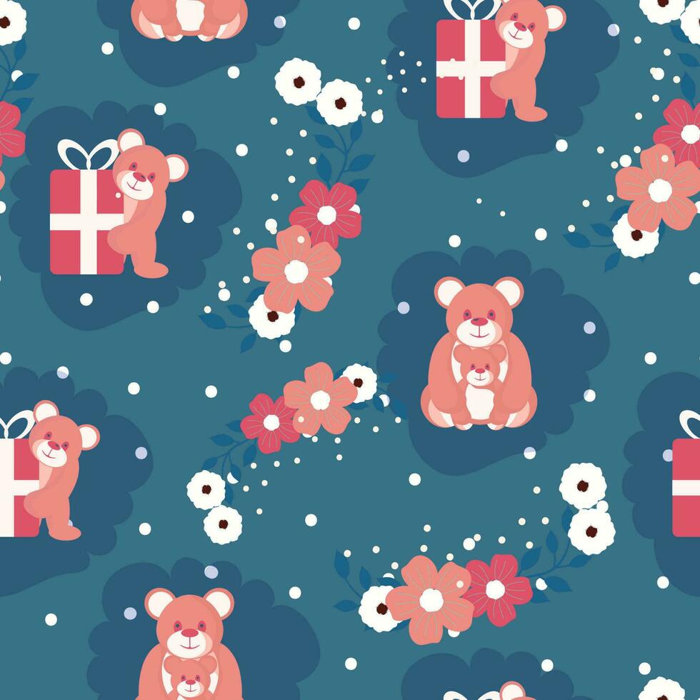 naadloos patroon van teddy beer, geschenk dozen en bloemen Aan blauw achtergrond. vector