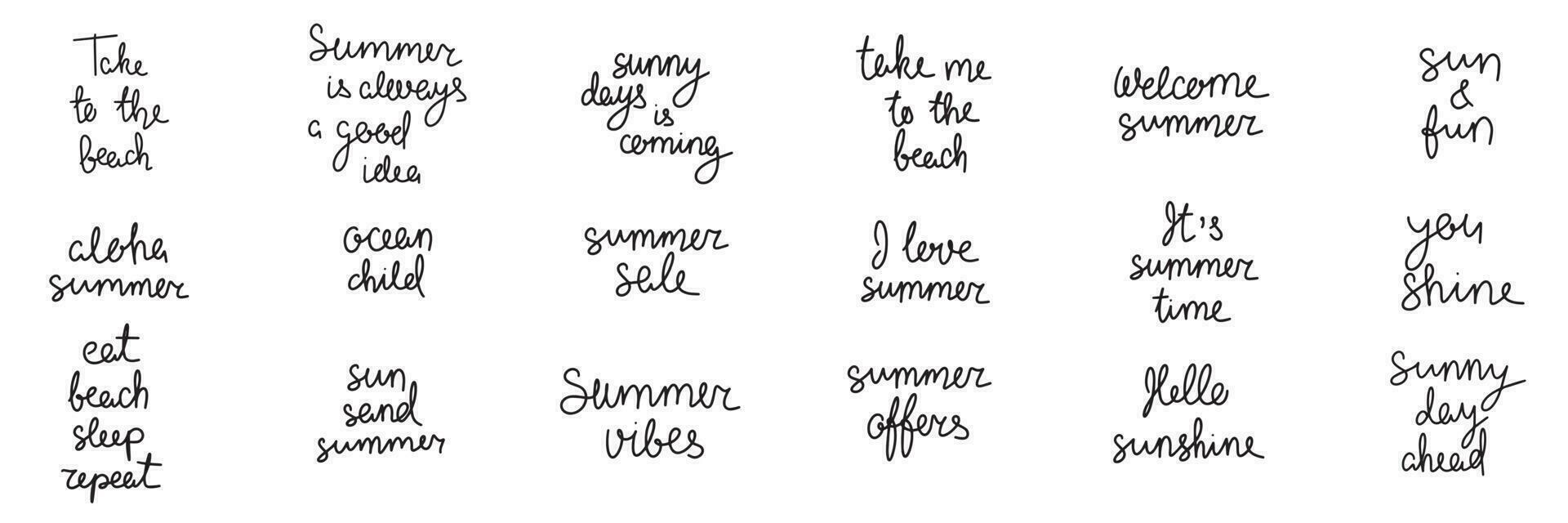 zomerlabels, logo's, handgetekende tags en elementen voor zomervakantie, reizen, strandvakantie, zon. vectorillustratie. vector
