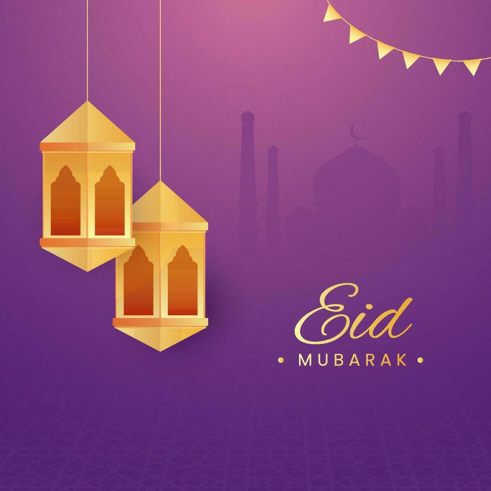 gouden eid mubarak doopvont met hangende lantaarns Aan Purper silhouet moskee achtergrond. vector