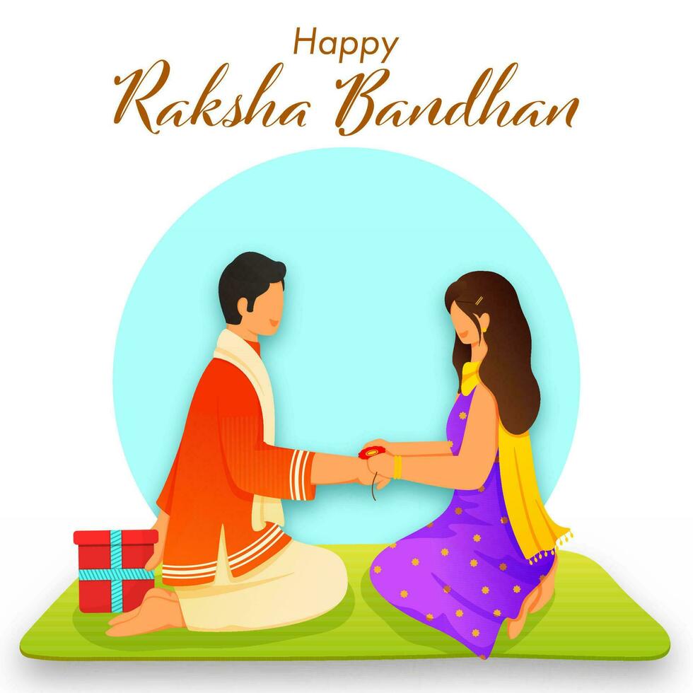 gelukkig raksha bandhan viering concept met jong meisje koppelverkoop rakhi Aan haar broer pols illustratie. vector