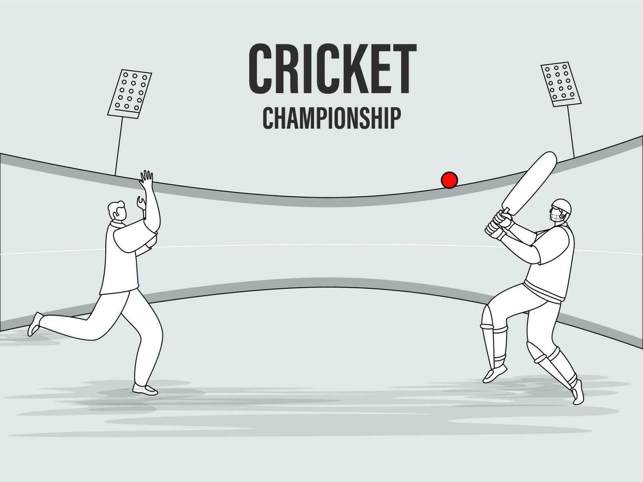 vector illustratie van batsman raken de bal gegooid door bowler Aan grijs stadion achtergrond voor krekel kampioenschap concept.