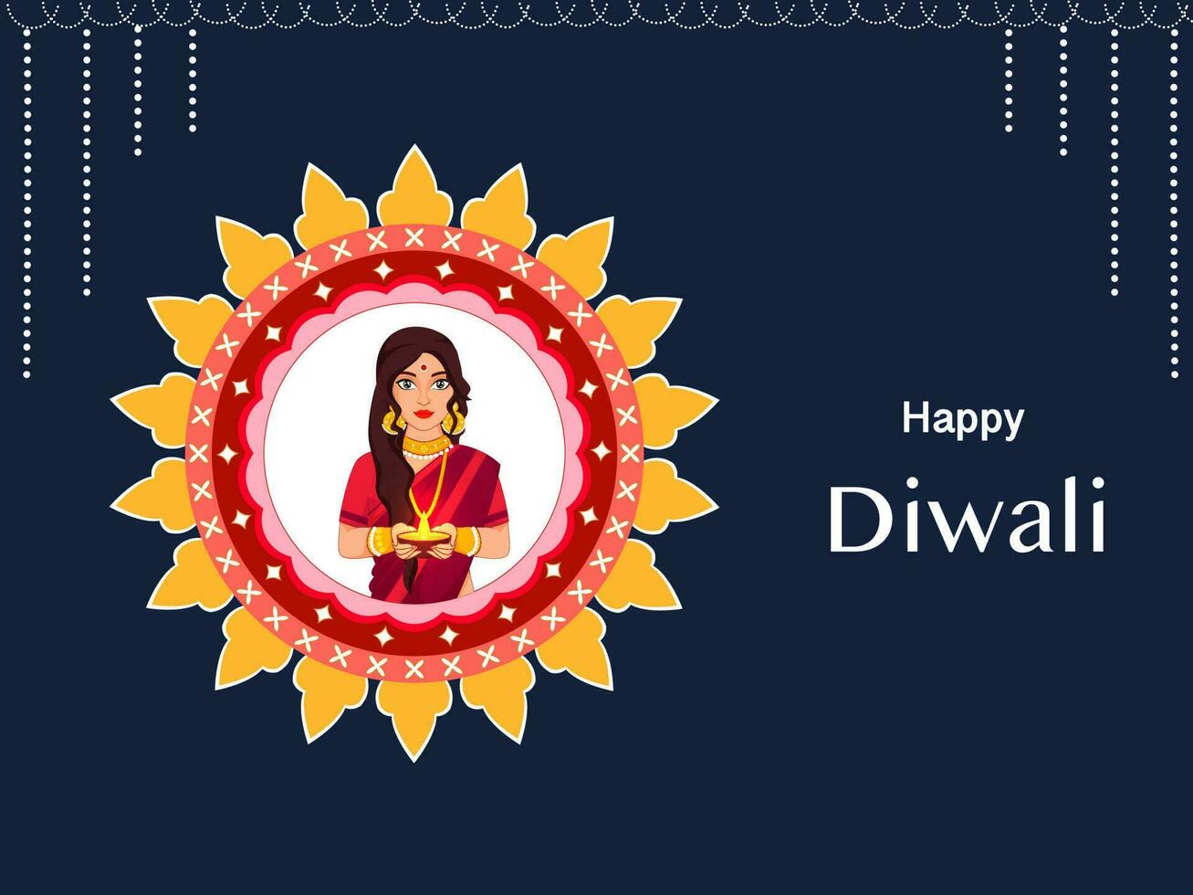 gelukkig diwali viering concept met Indisch mooi vrouw Holding lit olie lamp en mandala kader Aan blauw achtergrond. vector