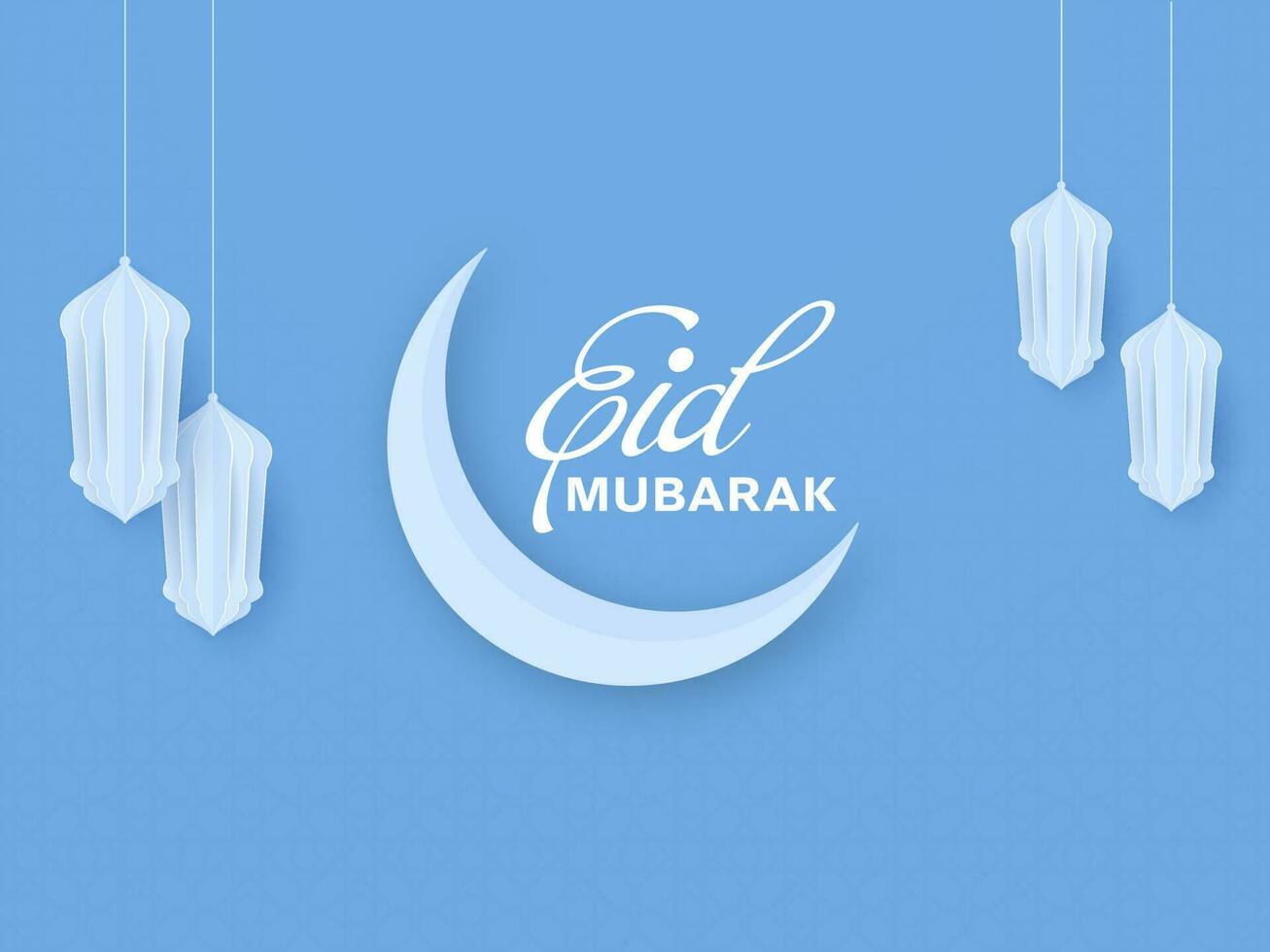 eid mubarak doopvont met halve maan maan en papier besnoeiing lantaarns hangen Aan blauw achtergrond. vector