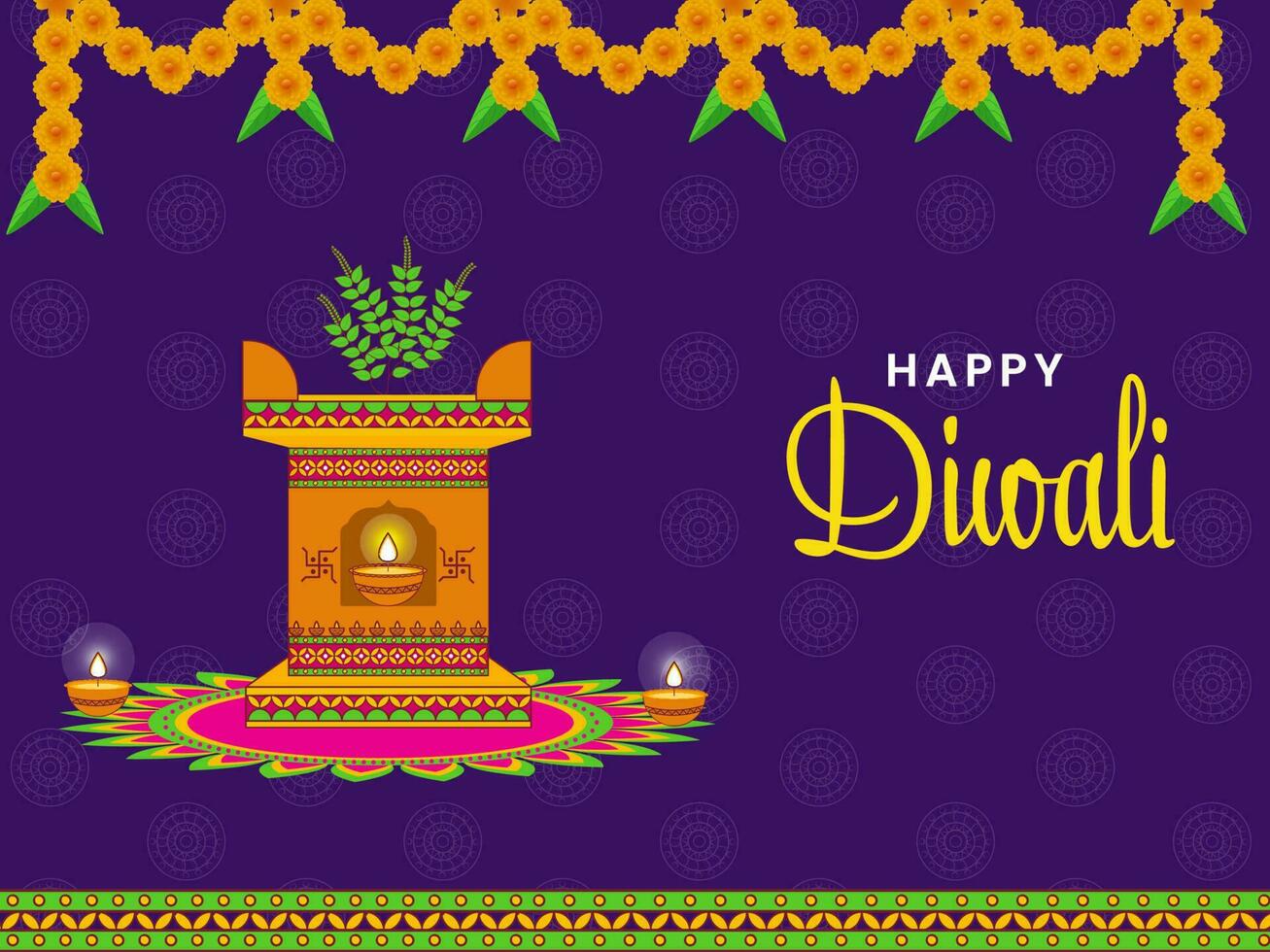 gelukkig diwali viering concept met Tulsi planter of boog, lit olie lampen en bloemen slinger Aan Purper rangoli achtergrond. vector