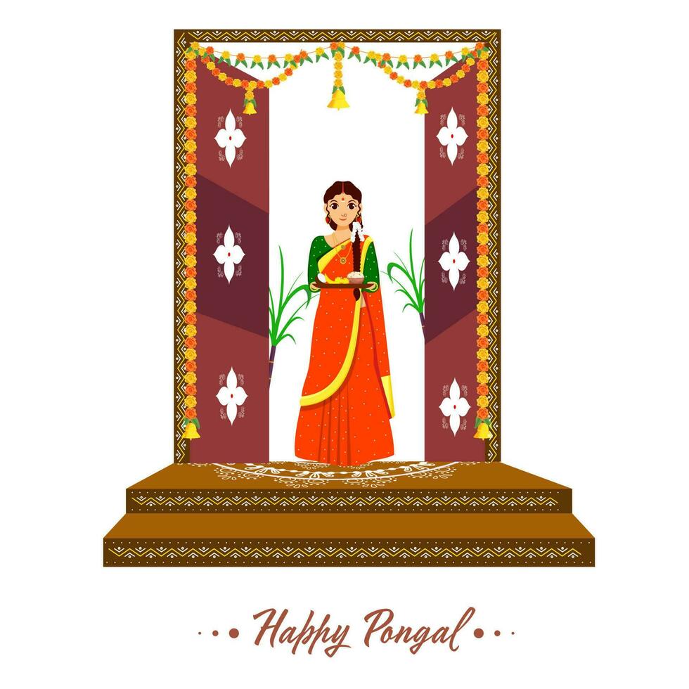 mooi zuiden Indisch vrouw staand Bij de deur met Holding bord voor pongal festival. vector