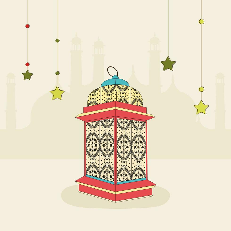 Arabisch lantaarn met sterren hangen Aan beige silhouet moskee achtergrond en ruimte voor uw bericht. vector