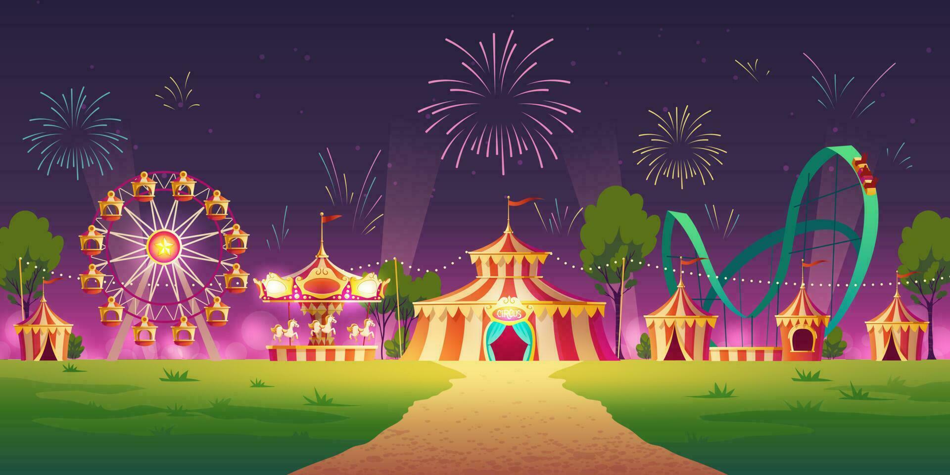 amusement park met circus tent en vuurwerk vector