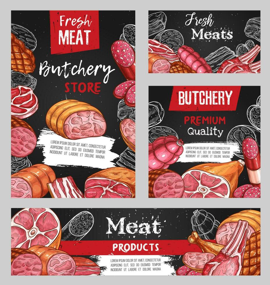 vlees, slager winkel schetsen rundvlees, varkensvlees en lam voedsel vector