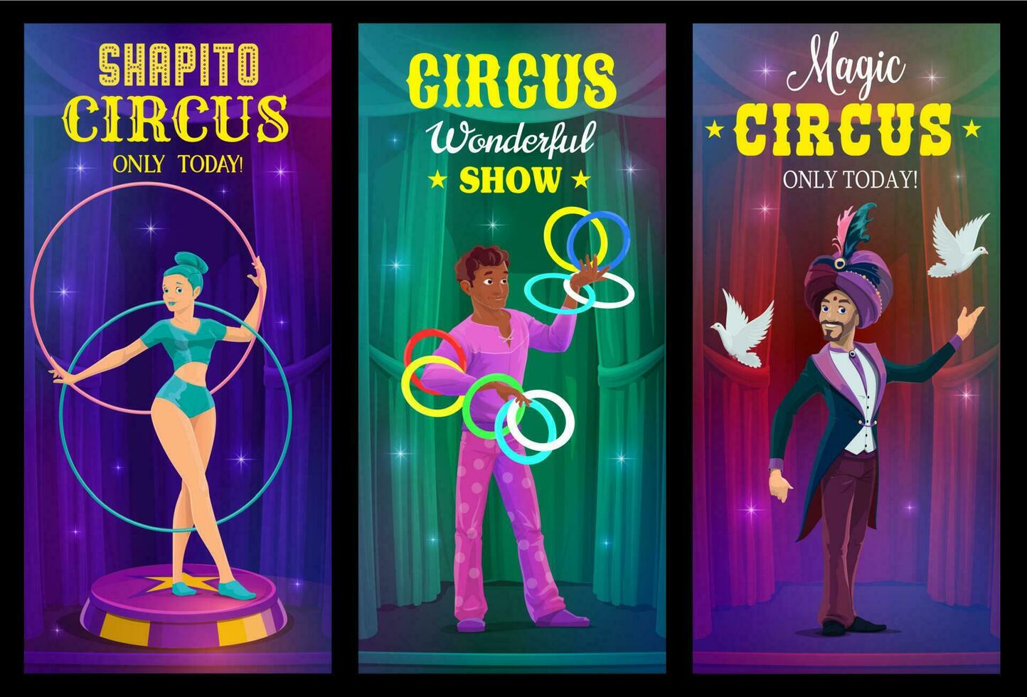 circus goochelaar, jongleur en acrobaat vector banier