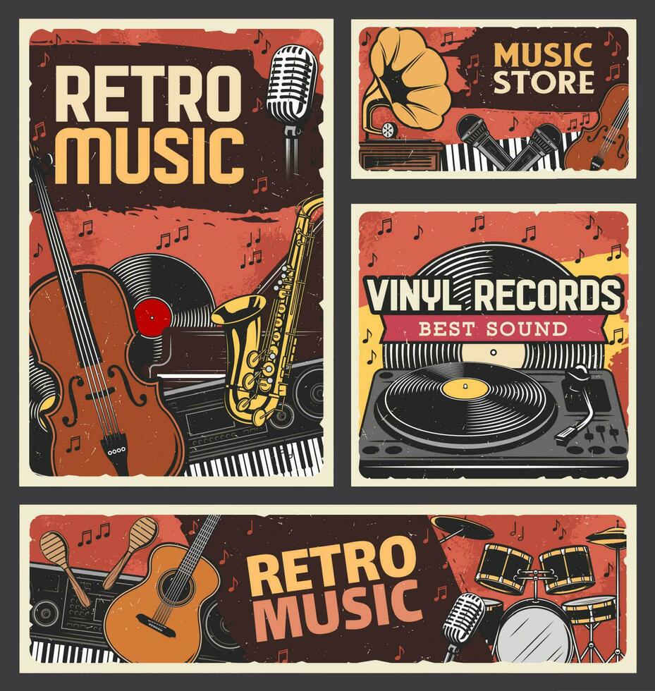 retro muziek, muziek- op te slaan en vinyl records banier vector