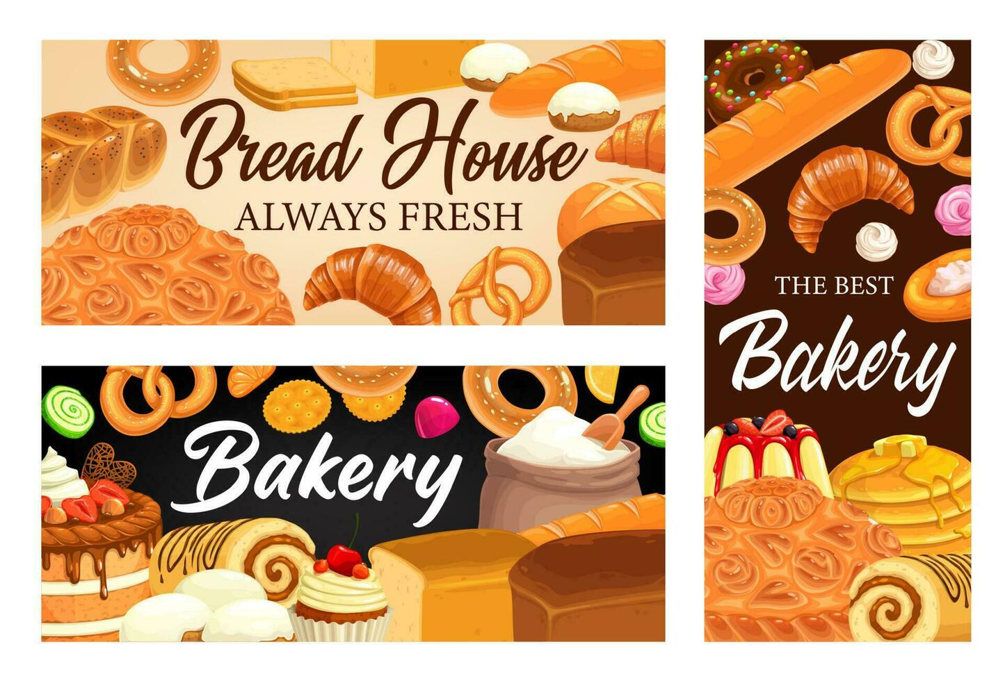 bakkerij winkel, brood huis tekenfilm vector banners