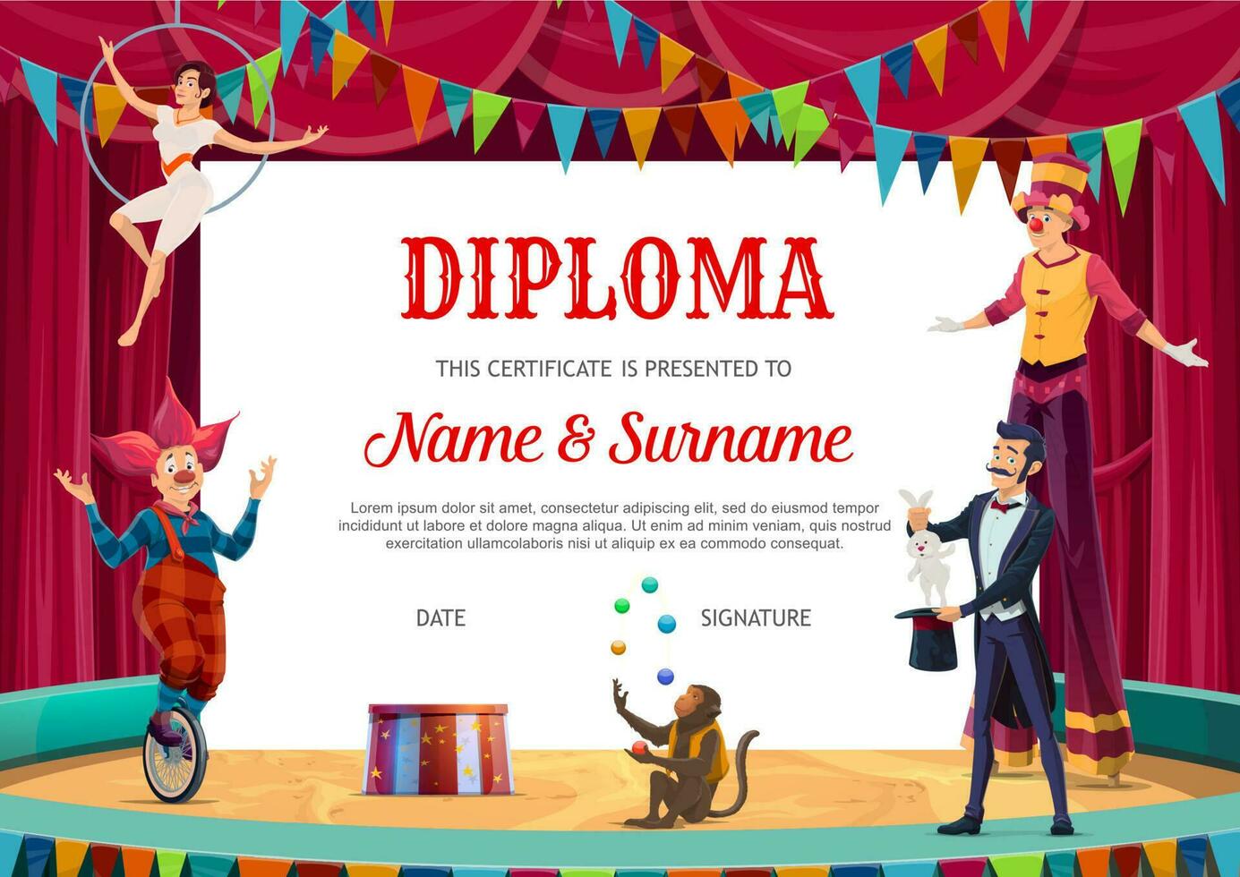 onderwijs diploma, certificaat met circus artiesten vector