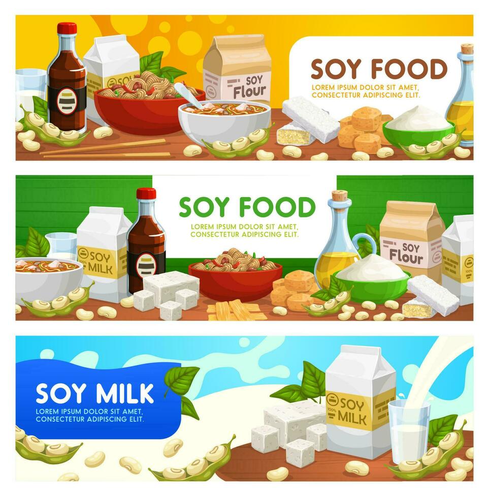 soja voedsel en soja producten vector banners reeks