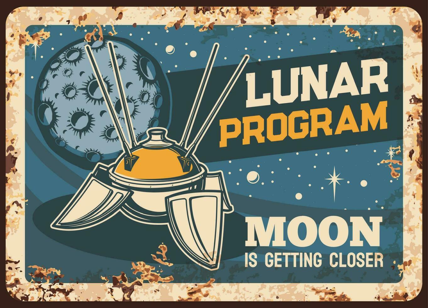 maan- programma vector roestig metaal bord, satelliet