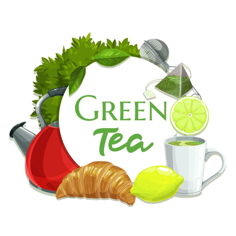 groen thee vector banier, heet drank ronde kader