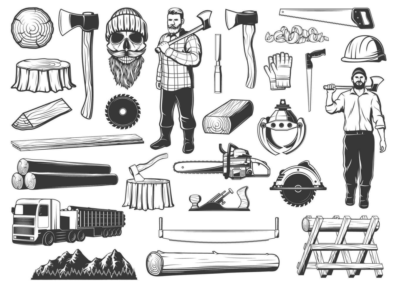 houthakker, logge en loggen hout pictogrammen vector