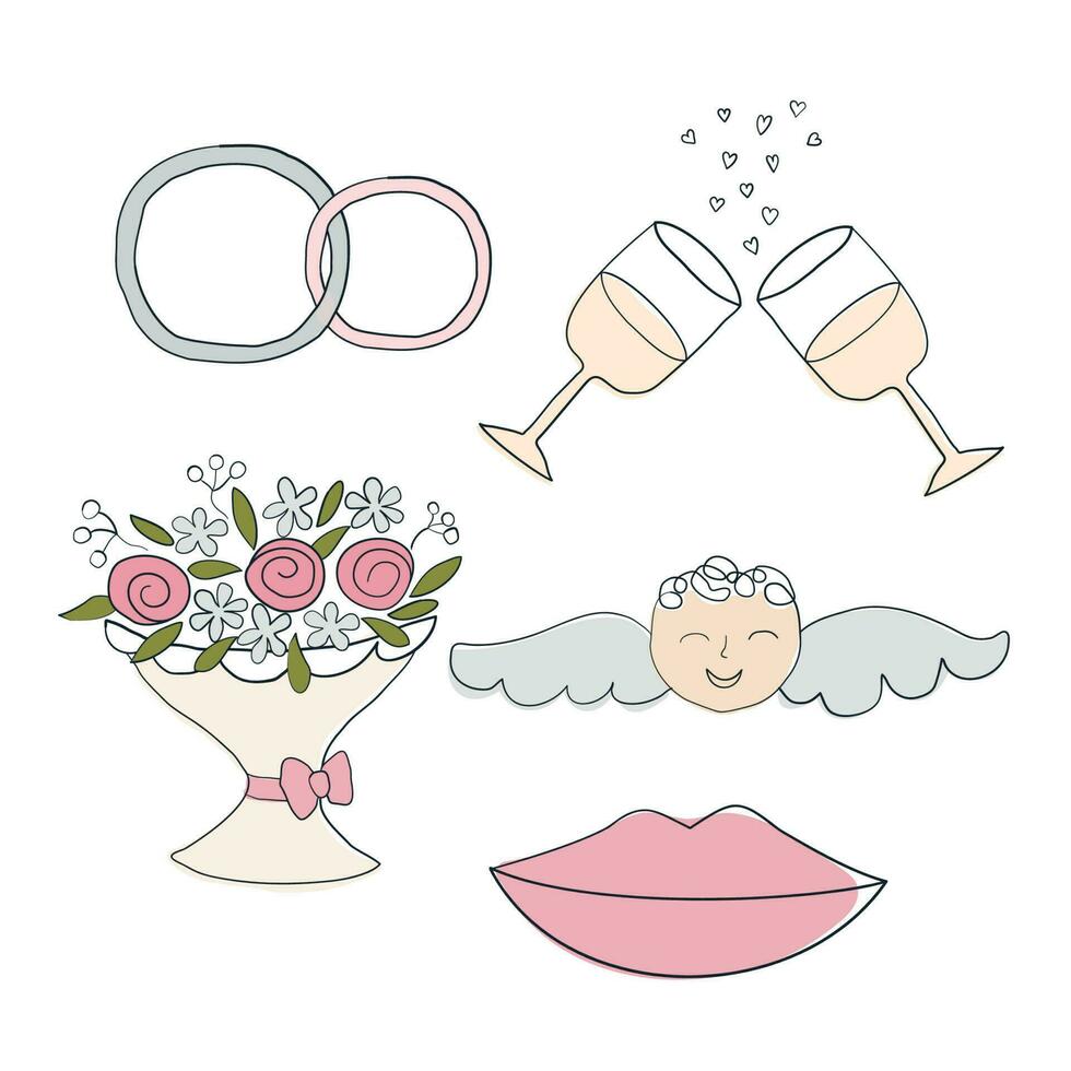 vector bruiloft reeks van lijn kunst pictogrammen. hand- getrokken liefde symbolen. vector illustratie