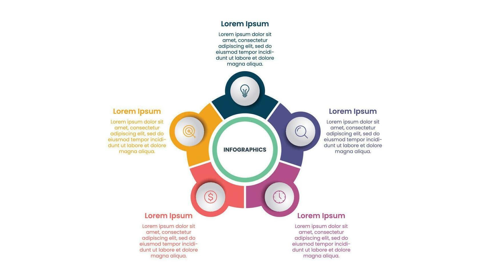 bedrijf cirkel infographic sjabloon ontwerp met pictogrammen en vijf stappen of opties. vector