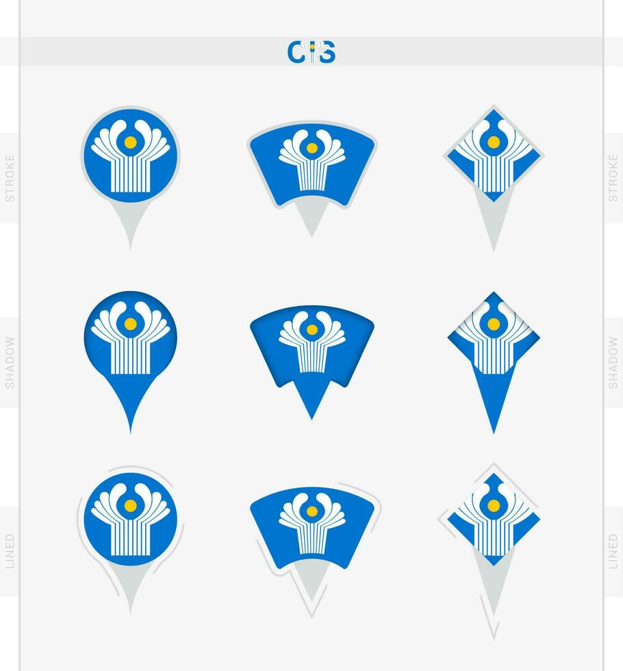 cis vlag, reeks van plaats pin pictogrammen van cis vlag. vector