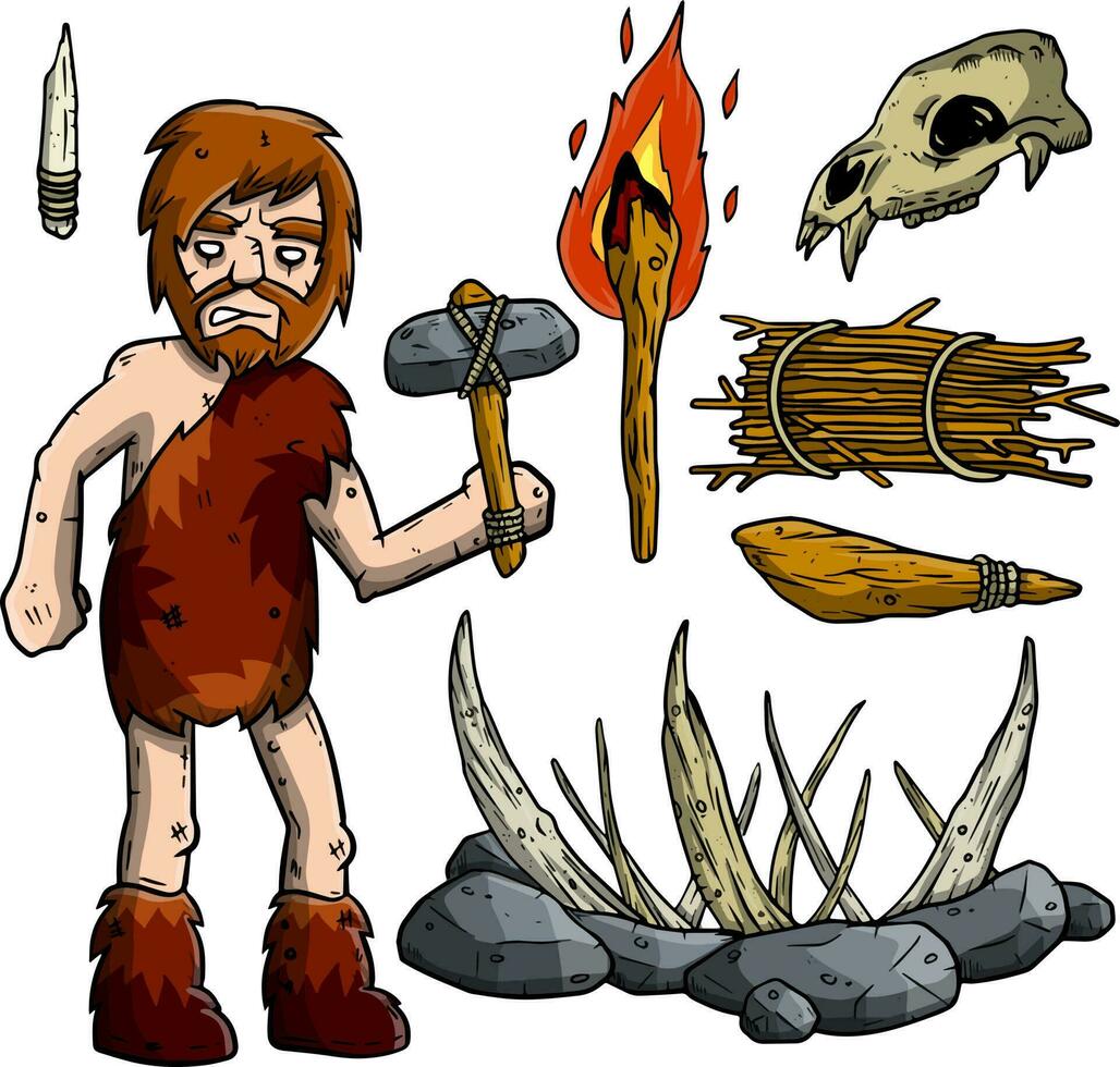 grot primitief Mens en wapens. reeks van items voor jacht. een steen bijl, een stok, een val voor de mammoet, fakkel, schedel van de dier vector