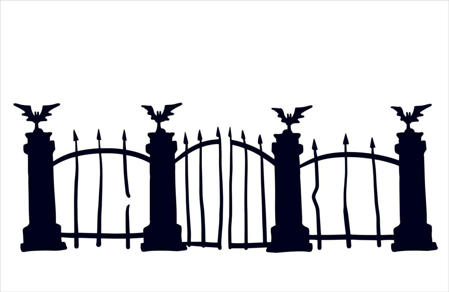 oud hek van begraafplaats. halloween decoratie. zwart silhouet van somber muur. vlak illustratie geïsoleerd Aan wit vector