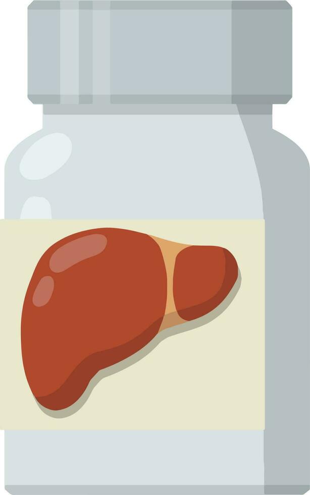 lever ziekte. drug en pil in wit container. behandeling van menselijk intern organen. geneesmiddel en tabletten. apotheek en ziekenhuis element. vlak icoon illustratie vector