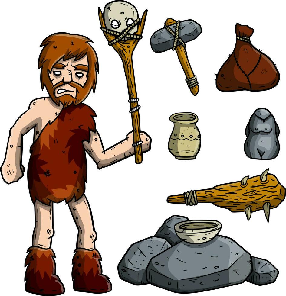 grot primitief Mens en wapens. reeks van items voor jacht. personeel met schedel, steen hamer, club vector