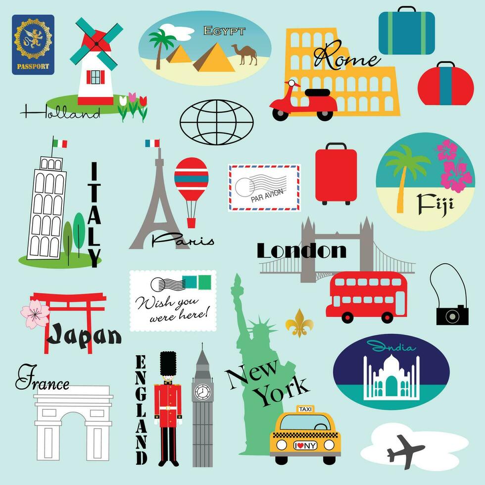 wereld reizen bagage etiketten illustraties vector