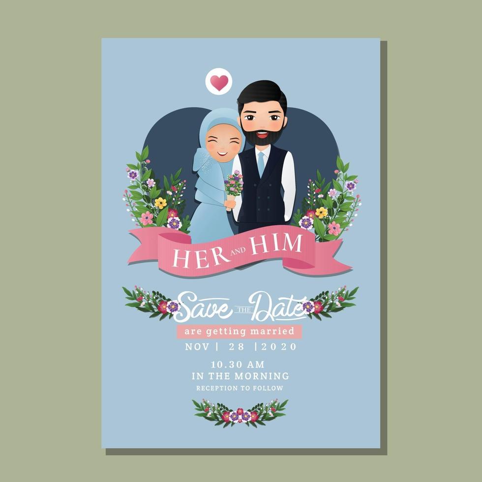 bruiloft uitnodigingskaart de bruid en bruidegom. romantische jonge moslim paar cartoon verliefd vector