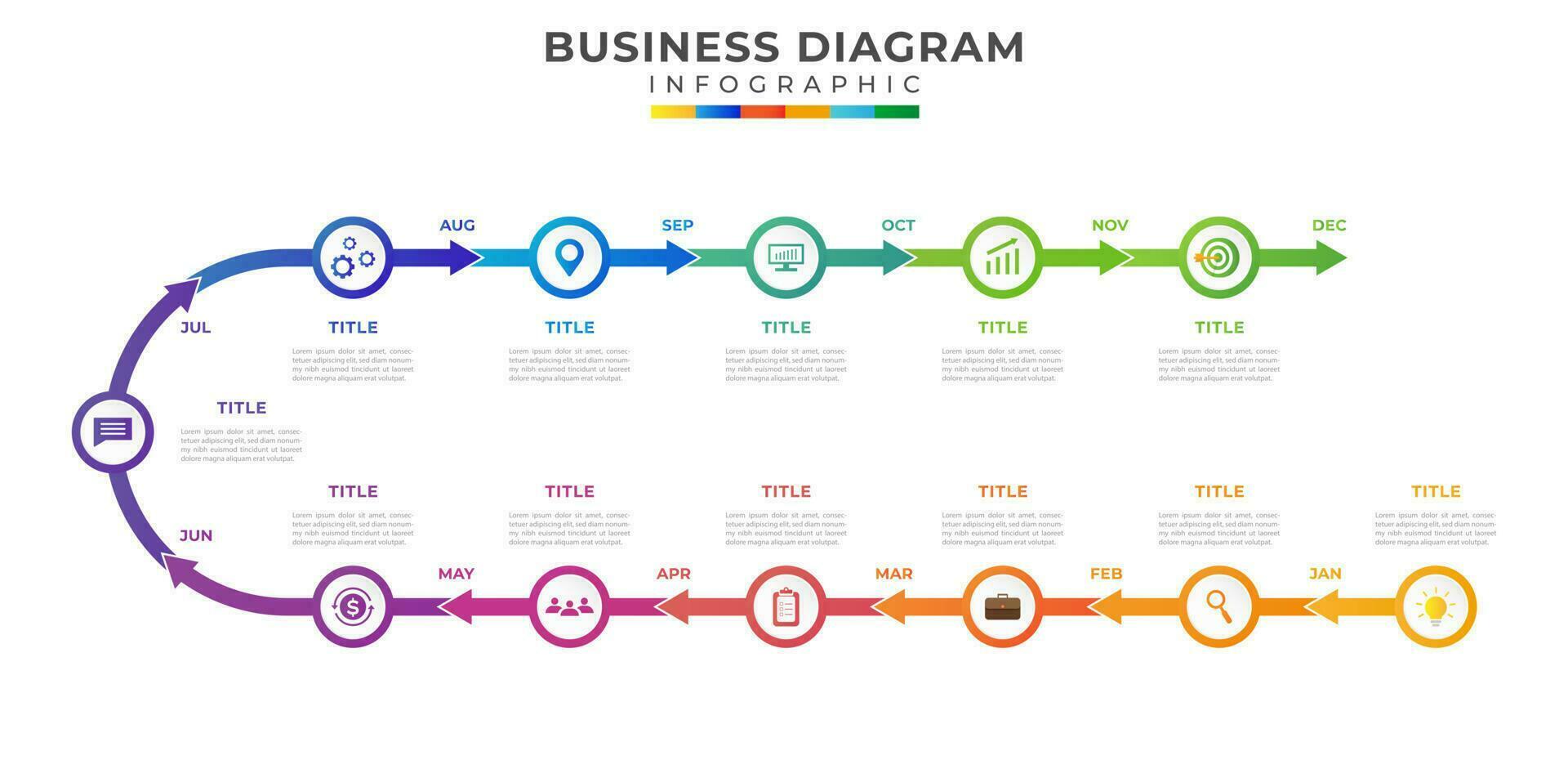 12 maanden modern tijdlijn diagram kalender. presentatie en bedrijf vector infographic sjabloon.