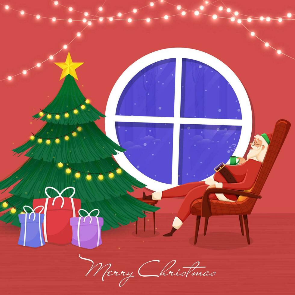 vrolijk Kerstmis concept met de kerstman claus drinken thee Bij stoel, decoratief Kerstmis boom, geschenk dozen en verlichting slinger Aan rood achtergrond. vector