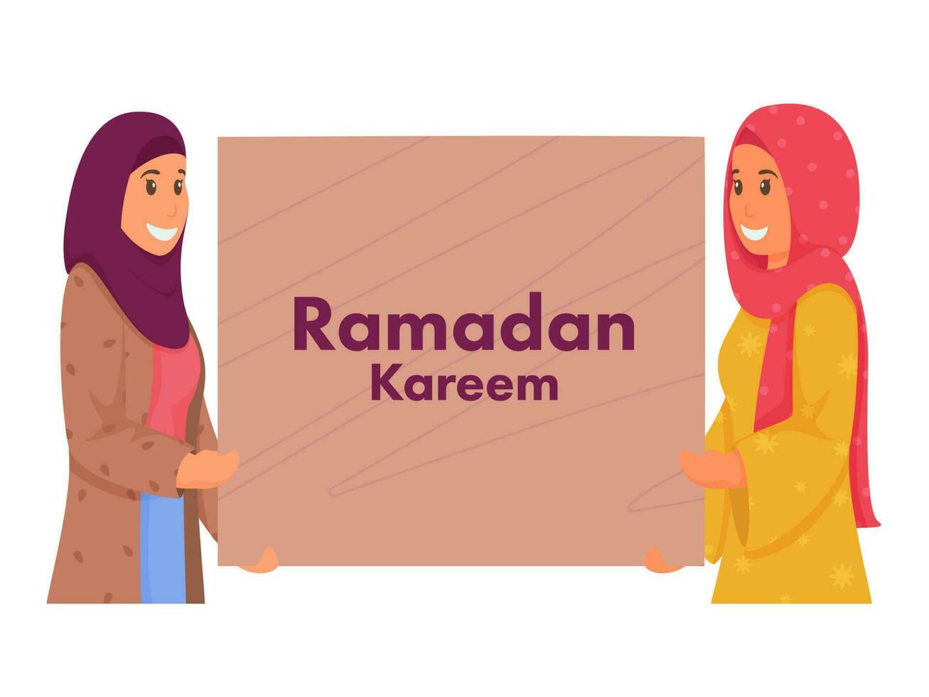 vrolijk moslim jong Dames Holding bord van Ramadan kareem Aan wit achtergrond. vector