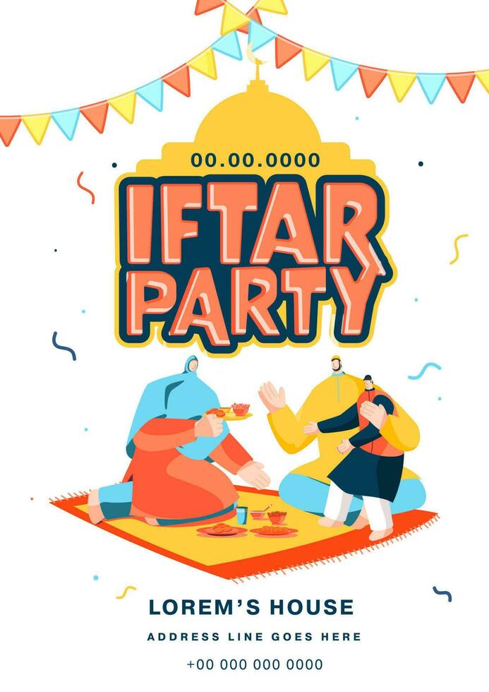 iftar partij folder ontwerp met moslim familie genieten van heerlijk voedingsmiddelen Aan wit achtergrond. vector