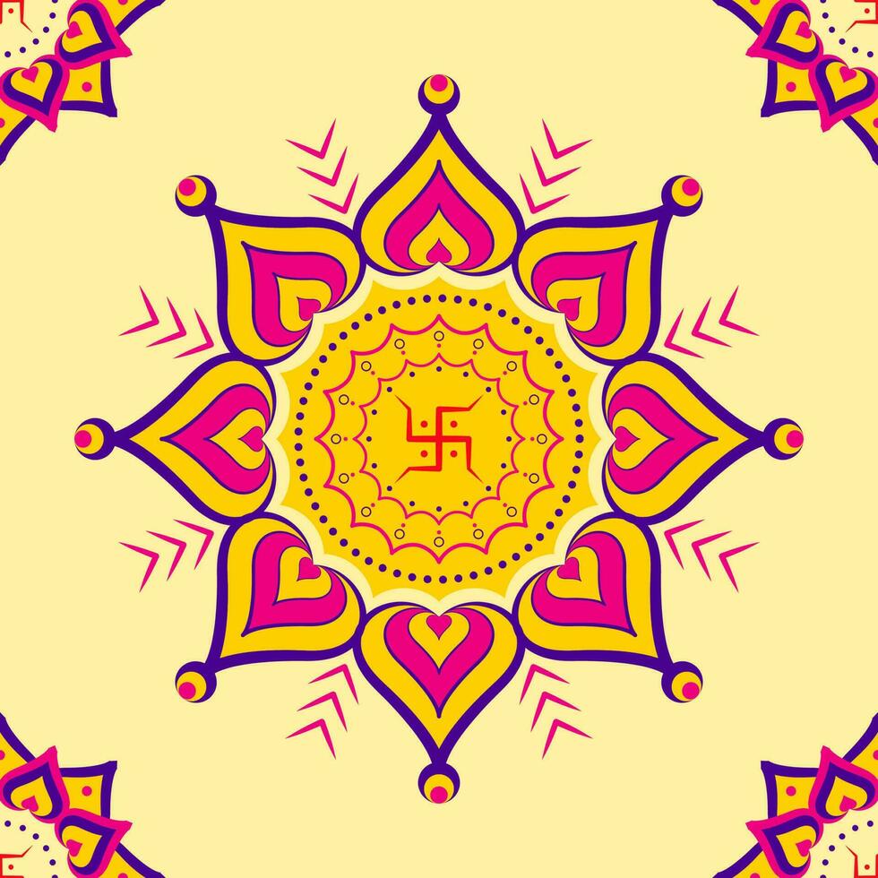 swastika symbool Aan mandala of rangoli en geel achtergrond. vector