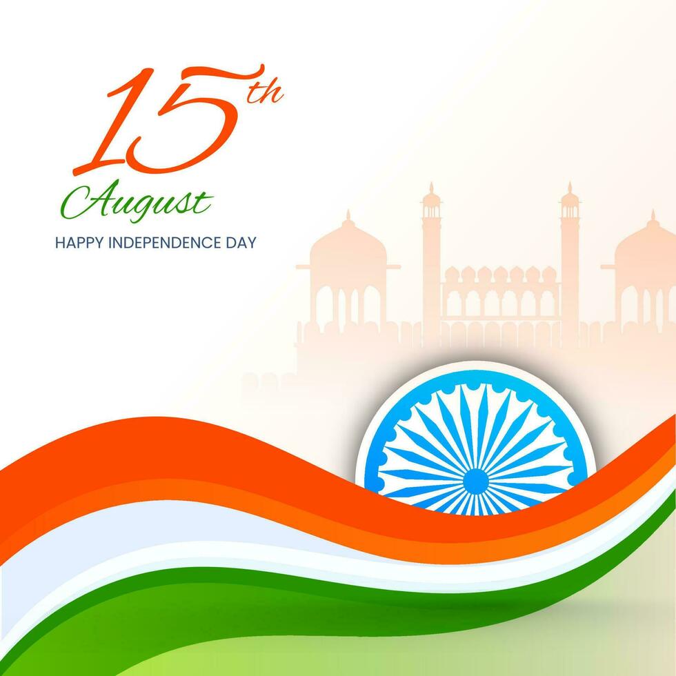 15e augustus onafhankelijkheid dag concept met driekleur Golf, Ashoka wiel Aan silhouet rood fort wit achtergrond. vector