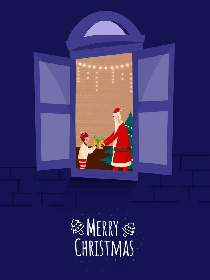 vector illustratie van de kerstman claus geven geschenk naar jongen Aan Open venster blauw achtergrond voor vrolijk Kerstmis concept.