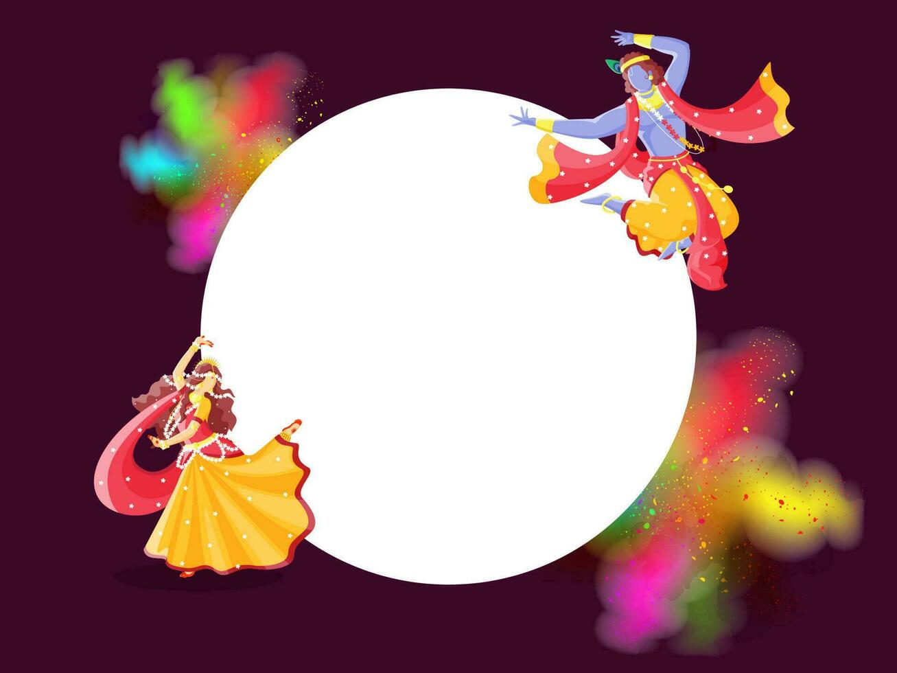 illustratie van heer krishna en radha aan het doen dans met leeg circulaire kader Aan Purper achtergrond. vector