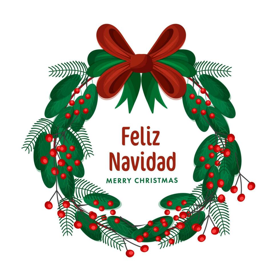 vrolijk Kerstmis geschreven in Spaans taal Aan decoratief Kerstmis krans achtergrond. vector