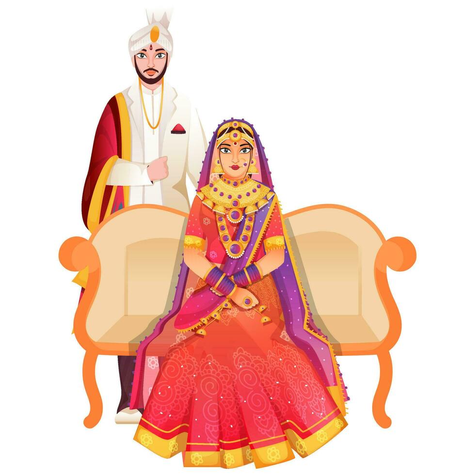 mooi Indisch bruids zitten Bij sofa en haar bruidegom staand Aan wit achtergrond. vector