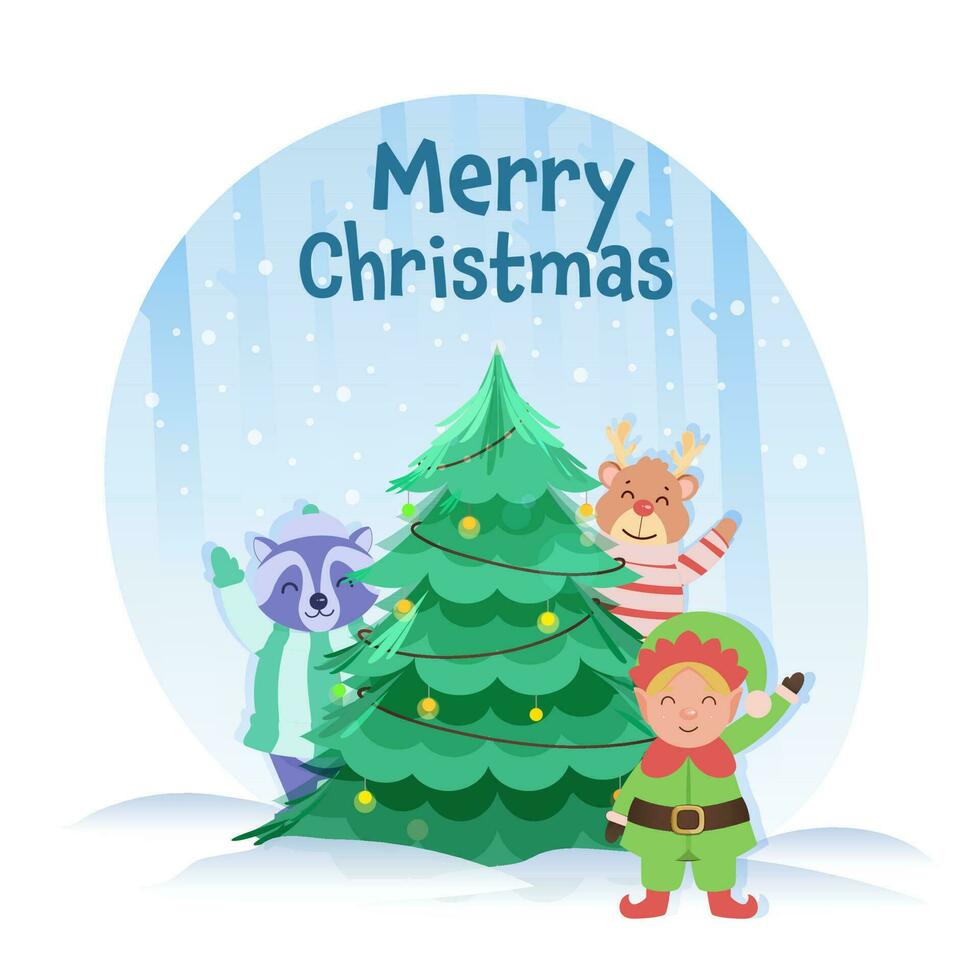 decoratief Kerstmis boom met tekenfilm elf, wasbeer, rendier Aan blauw en wit besneeuwd achtergrond voor vrolijk Kerstmis concept. vector