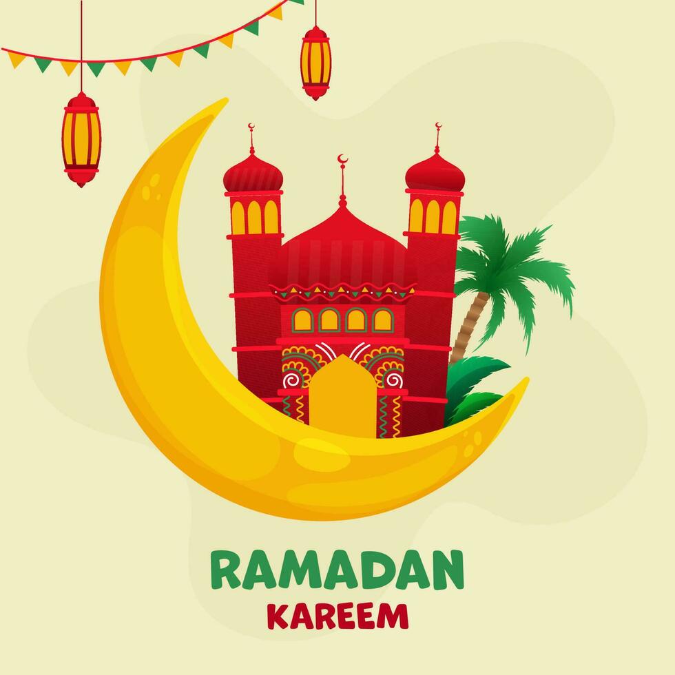 illustratie van halve maan maan met moskee, lantaarns hangen en palm boom Aan pastel geel achtergrond voor Ramadan kareem concept. vector