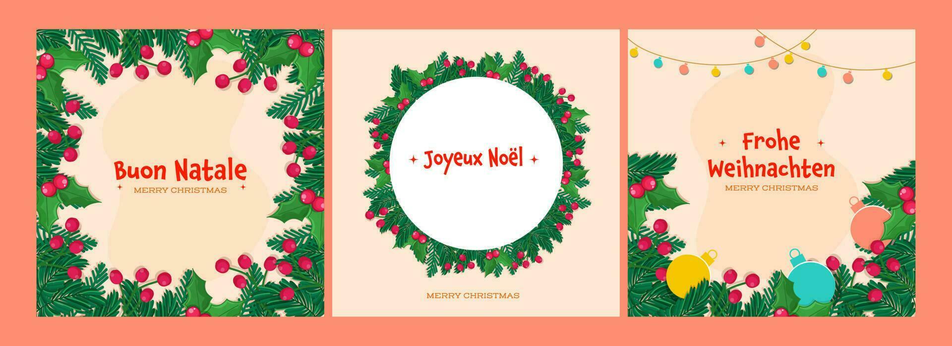 sociaal media berichten versierd met pijnboom bladeren, bessen, kerstballen en vrolijk Kerstmis doopvont in drie types taal. vector