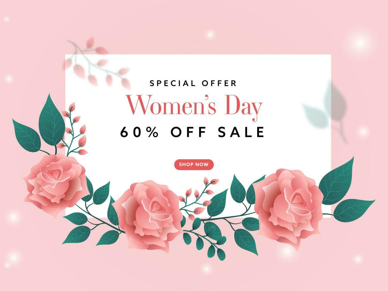 vrouwen dag uitverkoop poster ontwerp met glanzend roze bloemen en groen bladeren. vector