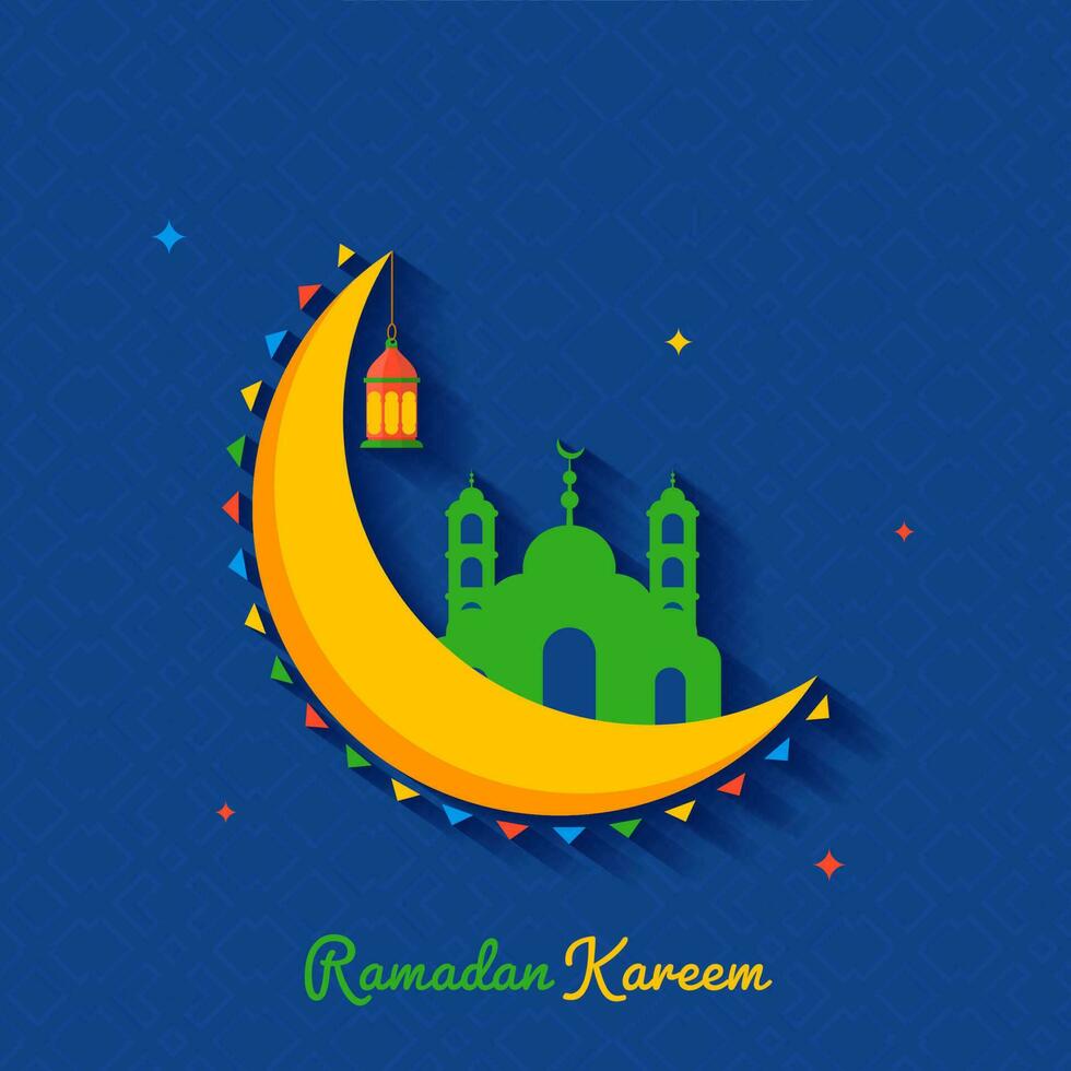 Ramadan kareem poster ontwerp met geel halve maan maan, Arabisch lantaarn hangen en moskee Aan blauw Islamitisch patroon achtergrond. vector