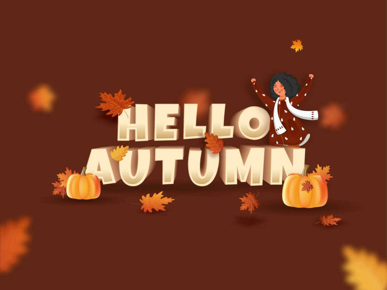 3d Hallo herfst tekst met tekenfilm jong meisje verhogen handen omhoog, pompoenen en esdoorn- bladeren Aan bruin achtergrond. vector